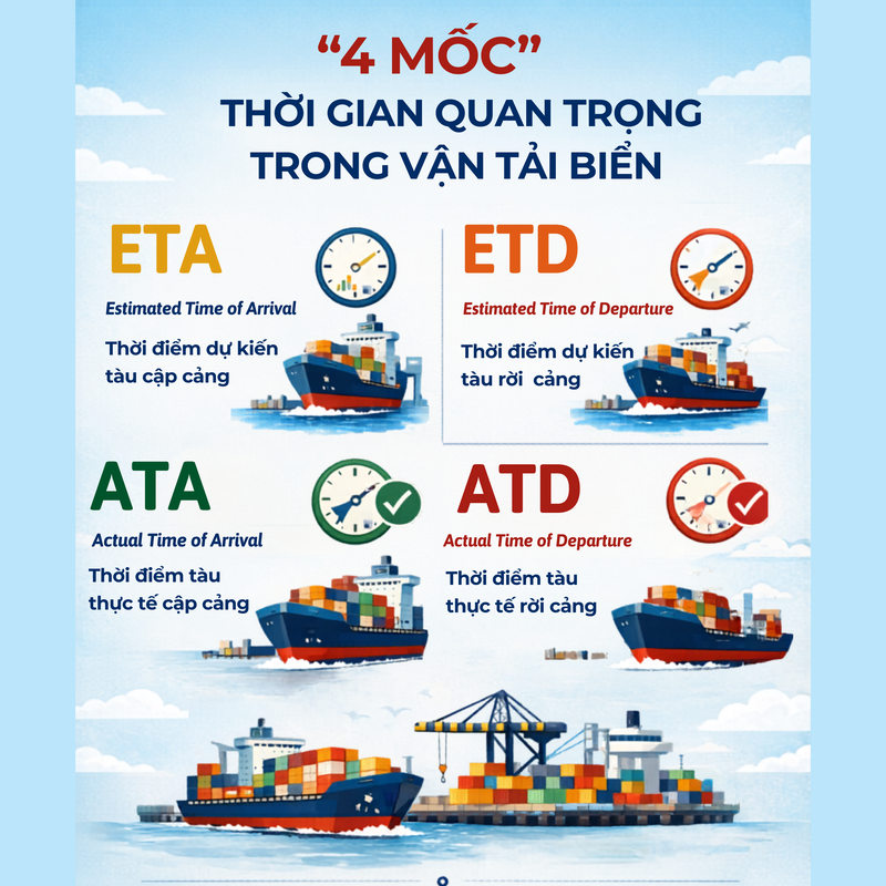 ETD, ATD, ETA và ATA là các mốc thời gian quan trọng để theo dõi hành trình lô hàng. 