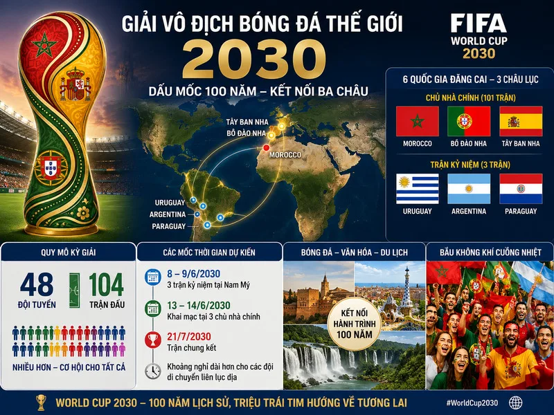 Sáu quốc gia tại châu Âu, châu Phi và Nam Mỹ cùng góp mặt trong kế hoạch tổ chức World Cup 2030.