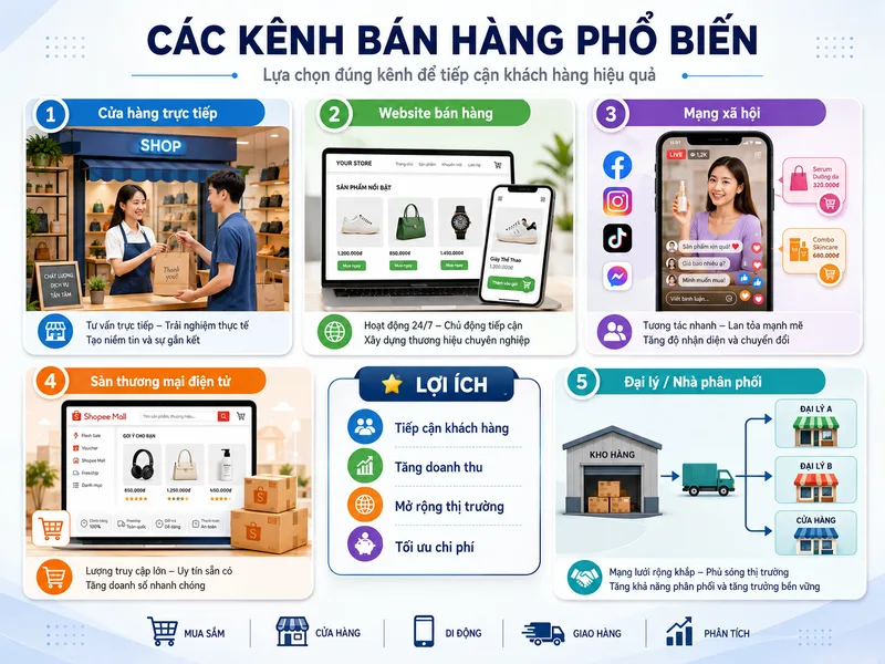 Mỗi kênh bán hàng có mức chi phí, khả năng mở rộng và cách tương tác với khách hàng khác nhau.