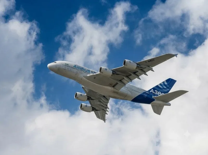 Airbus A380 nổi bật với thiết kế hai tầng toàn chiều dài, trở thành máy bay chở khách lớn nhất trong lịch sử hàng không thương mại.