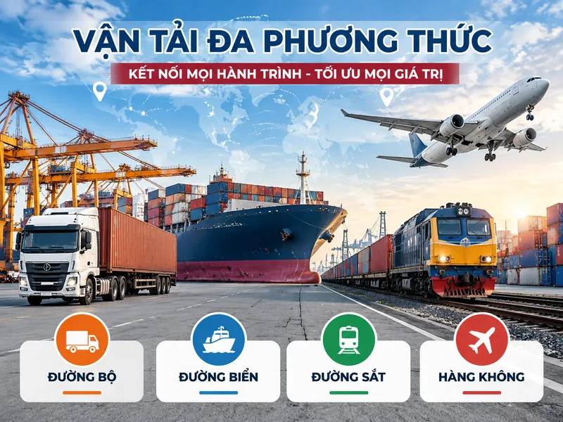 Các mô hình vận tải đa phương thức phổ biến gồm kết hợp đường bộ, đường biển, đường sắt và hàng không.